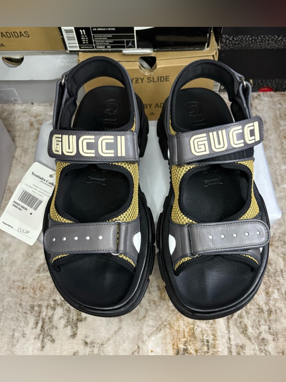 Size G9 - GUCCI SEGA Aguru Trek Sandals Leather Black Bronw 546064 DIR10 1265